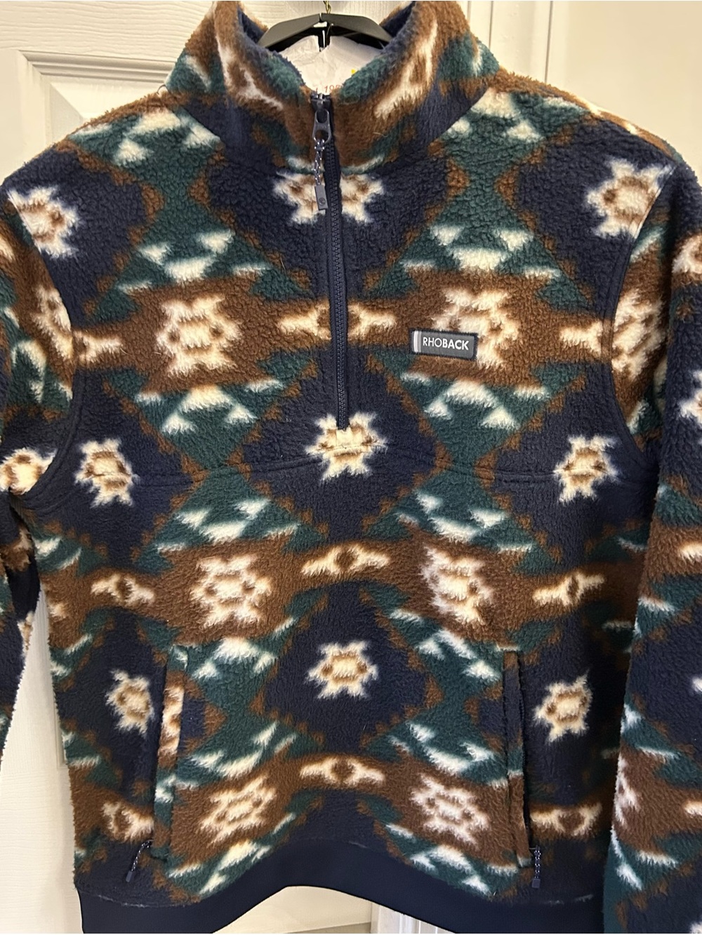 Rhoback Men's Zip Fleece Pullover in Brown, Navy & Teal Aztec